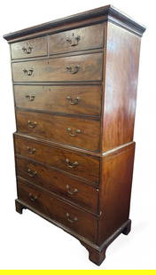 ENGLISH CHIPPENDALE MAHOGANY CHEST, CA. 18TH C.: Chest on Chest with brass handles on each drawer Height- 71" Width- 42" Depth- 22" Third party shipping only for this lot