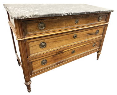 FRENCH LOUIS XVI 18TH C. WALNUT MARBLE TOP COMMODE: with fluted corners Height- 35" Width- 51" Depth- 24" Third party shipping only for this lot