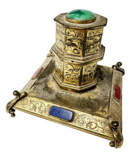 GERMAN 17TH C. INKSTAND W/ SEMI-PRECIOUS STONES: Red jasper, lapis, malachite on gilt bronze base Height- 3" Base- 4" x 4" Third party shipping only for this lot