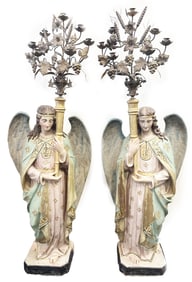 PAIR STANDING 19TH C. ANGEL FIGURAL CANDLEABRAS