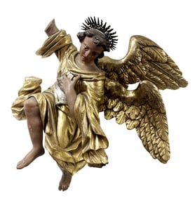 ANTIQUE 19TH C. PAINTED ANGEL WALL HANGING