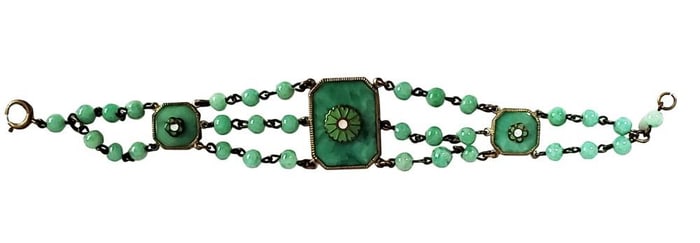 ART DECO STYLE GREEN STONE/ENAMELED BRACELET