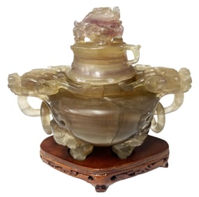 CHINESE AGATE CARVED CENSER WITH STAND