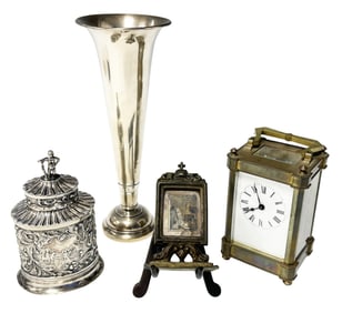 LOT OF (4) DECORATIVE- CARRIAGE CLOCK, STERLING