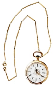 LADYS 18KT POCKET WATCH W/ 14KT CHAIN