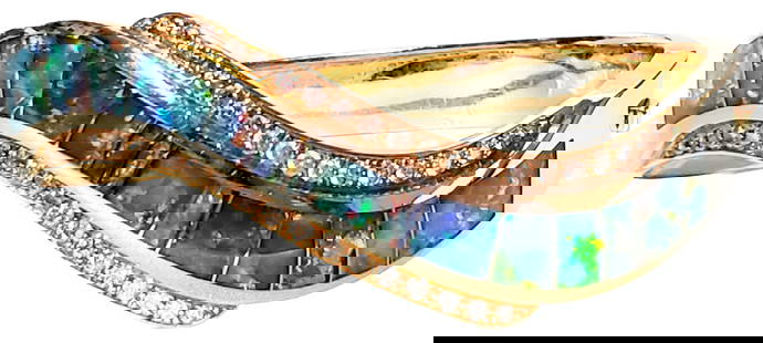14KT OPAL & DIAMOND BRACELET SIGNED MARK HILEMAN: (14) Austrian Opal measuring 4.5-6.3 mm Signed MMH (Mark Hileman) Pave set (38) round brillant cut diamonds, approx. 1.20 CTS. Weight- 46.3 grams