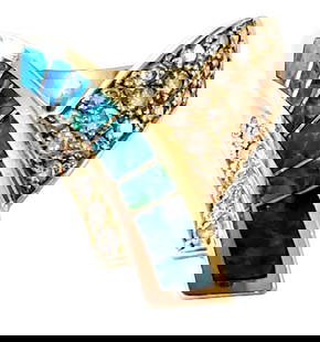 14KT GOLD OPAL & DIAMOND RING SIGNED MARK HILEMAN: Signed MMH (7) Austrialian opals (24) Round brillant cut diamonds- approx. .68 CTS. Weight- 9.04 grams Ring size- 6.25