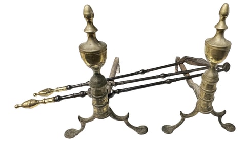 PAIR OF 18TH-19TH BRASS ANDIRONS, (2) OTHER