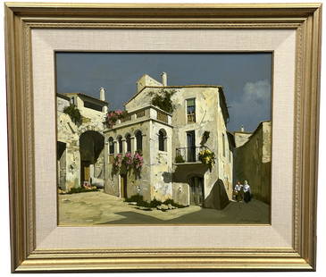 LUCIO SOLLAZZI (B. 1925) OIL ON CANVAS: Title- Returning Home From the Market Sight- 18" x 24" Overall- 28" x 32" Third party shipping only for this lot