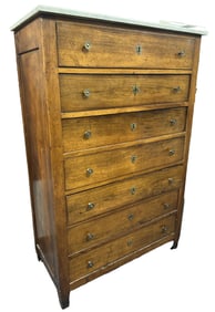 FRENCH WALNUT TALL CHEST W/ MARBLE TOP