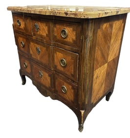 FRENCH 18TH C. MARQUETRY MARBLE TOP COMMODE