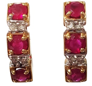 PAIR OF LADYS DIAMOND & RUBY 14KT EARRINGS