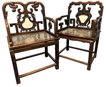 CHINESE ROSEWOOD 19TH C. CARVED CHAIRS W/ MARBLE
