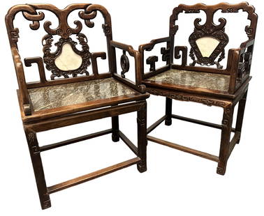 CHINESE ROSEWOOD 19TH C. CARVED CHAIRS W/ MARBLE: Marble insert in seat and backing Height- 37" Width- 24 1/2" Third party shipping only for this lot