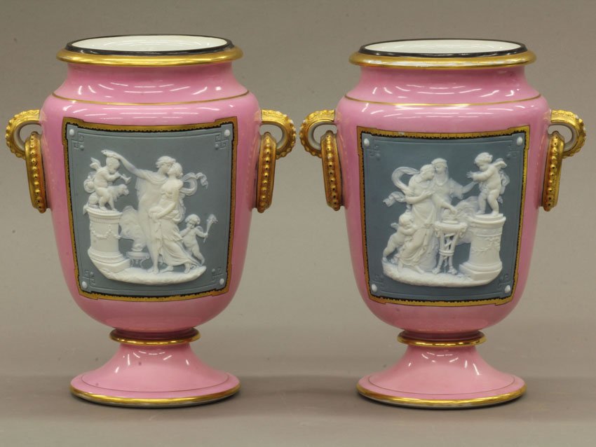 PAIR OF VICTORIAN CAMEO GLASS VASES circa 19th century : PAIR OF VICTORIAN CAMEO GLASS VASES circa 19th century height- 10"