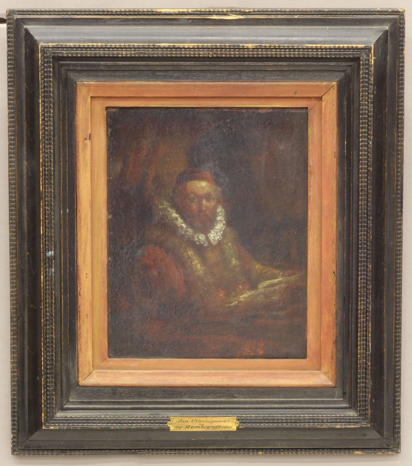 OLD MASTER OIL ON BOARD with plaque that reads: Jan Ute: OLD MASTER OIL ON BOARD with plaque that reads: Jan Utenbogeard by Rembrandt sight- 7 1/4" x 9 1/4" note- early label on back Mr. A. Gunnison gift to The Women's Art