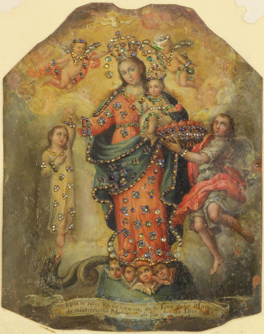 PAINTING OF THE MADONNA AND CHILD, 18th century or earl: PAINTING OF THE MADONNA AND CHILD, 18th century or earlier jeweled, minor loss sight- 6" x 7 3/8"