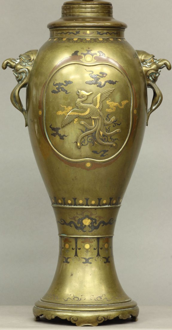 FINE JAPANESE MIXED METAL BRONZE LAMP circa 19th centur: FINE JAPANESE MIXED METAL BRONZE LAMP circa 19th century height of metal- 14"