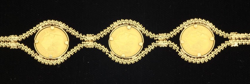 LADIES 14KT BRACELET set with (3) Mexican coins weight-: LADIES 14KT BRACELET set with (3) Mexican coins weight- 21.5 grams