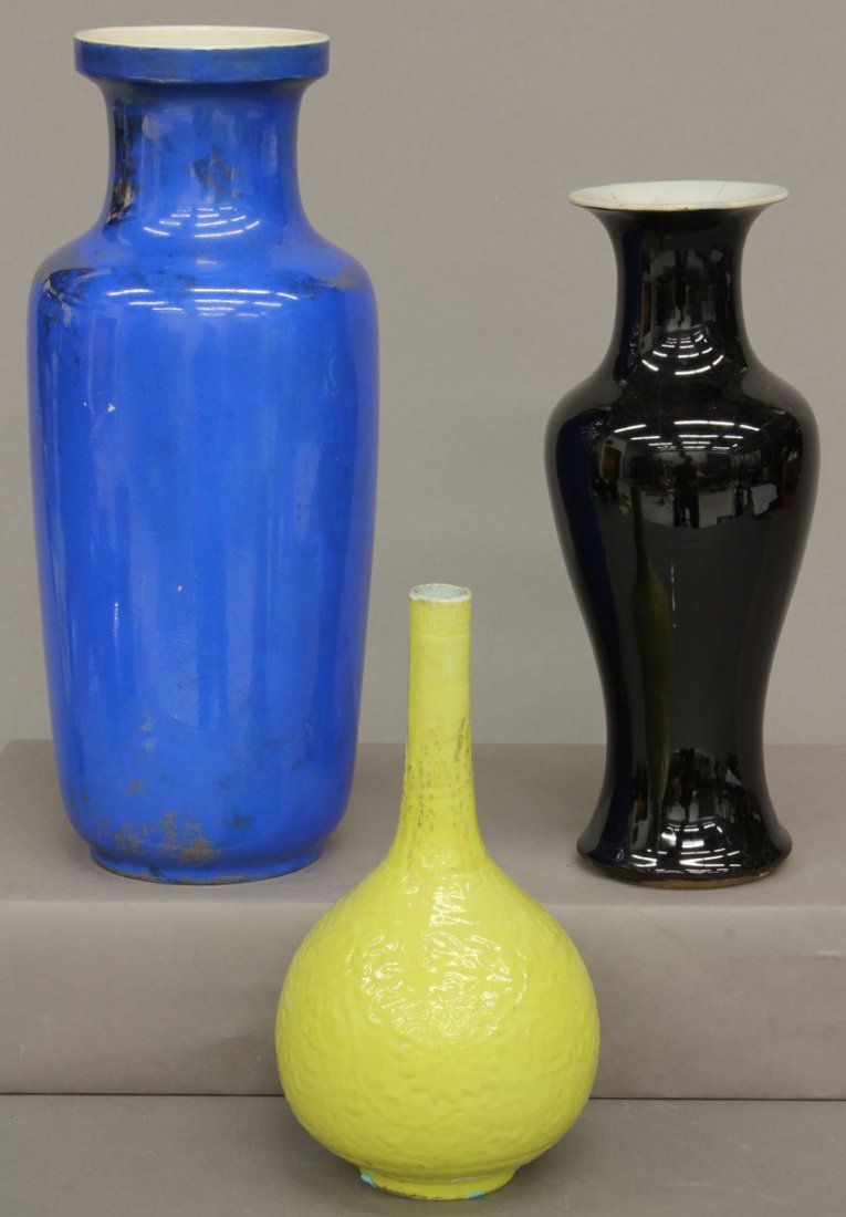 GROUPING OF (3) CHINESE FLAMBE PORCELAINS circa early 2: GROUPING OF (3) CHINESE FLAMBE PORCELAINS circa early 20th century height- 8", 12" note- repairs and cracks