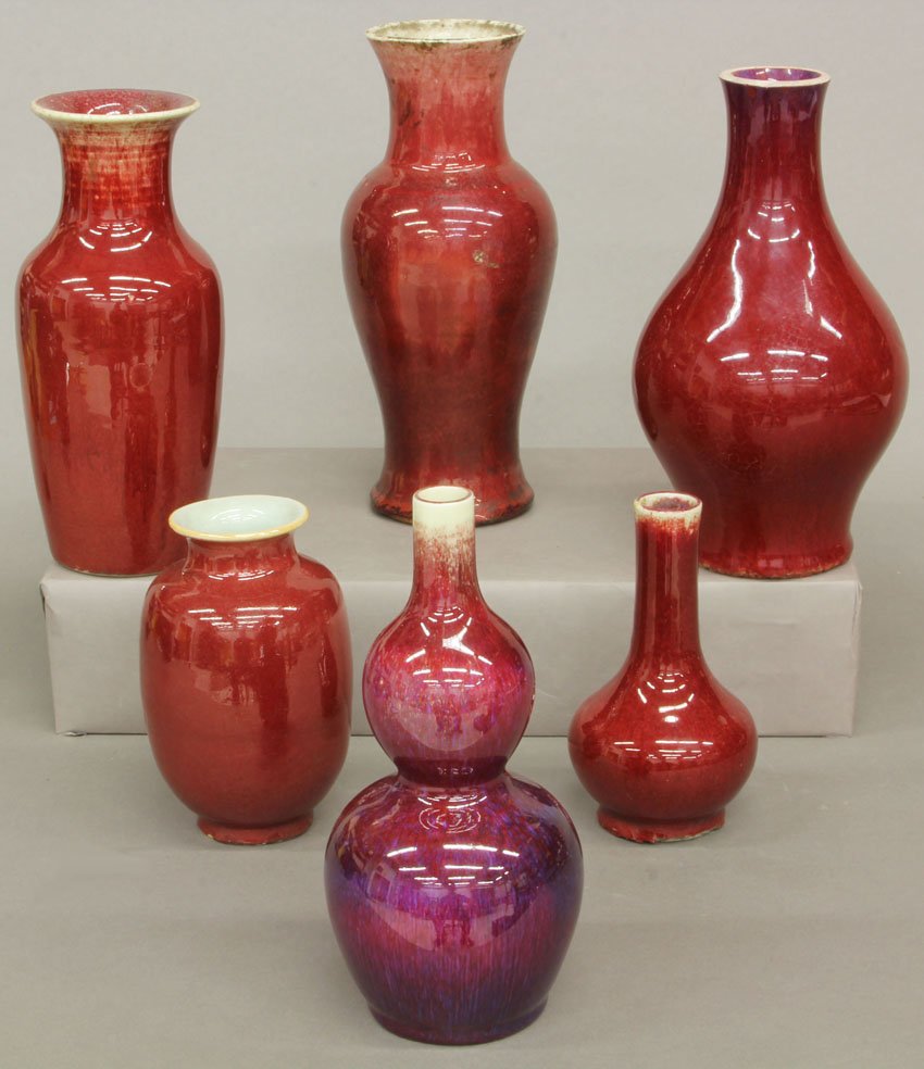 LOT OF (6) OX BLOOD CHINESE PORCELAIN VASES height- 5 1: LOT OF (6) OX BLOOD CHINESE PORCELAIN VASES height- 5 1/2", 9 1/4" note- repairs