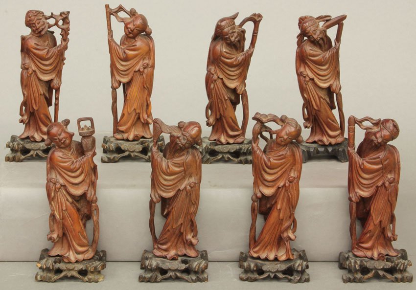 SET OF (8) CHINESE CARVED IMMORTALS height with stand- : SET OF (8) CHINESE CARVED IMMORTALS height with stand- 6 1/4"
