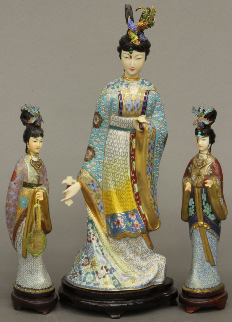 LOT OF (3) CLOISONNE FIGURES circa 20th century height-: LOT OF (3) CLOISONNE FIGURES circa 20th century height- 9"- 14" note- losses