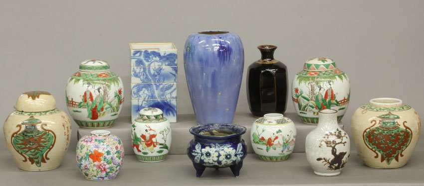 LOT OF (12) ASIAN DECORATIVE POTTERY ITEMS Chinese Ging: LOT OF (12) ASIAN DECORATIVE POTTERY ITEMS Chinese Ginger jars, Luncheon Set, Flambe vase height- 5", 10"