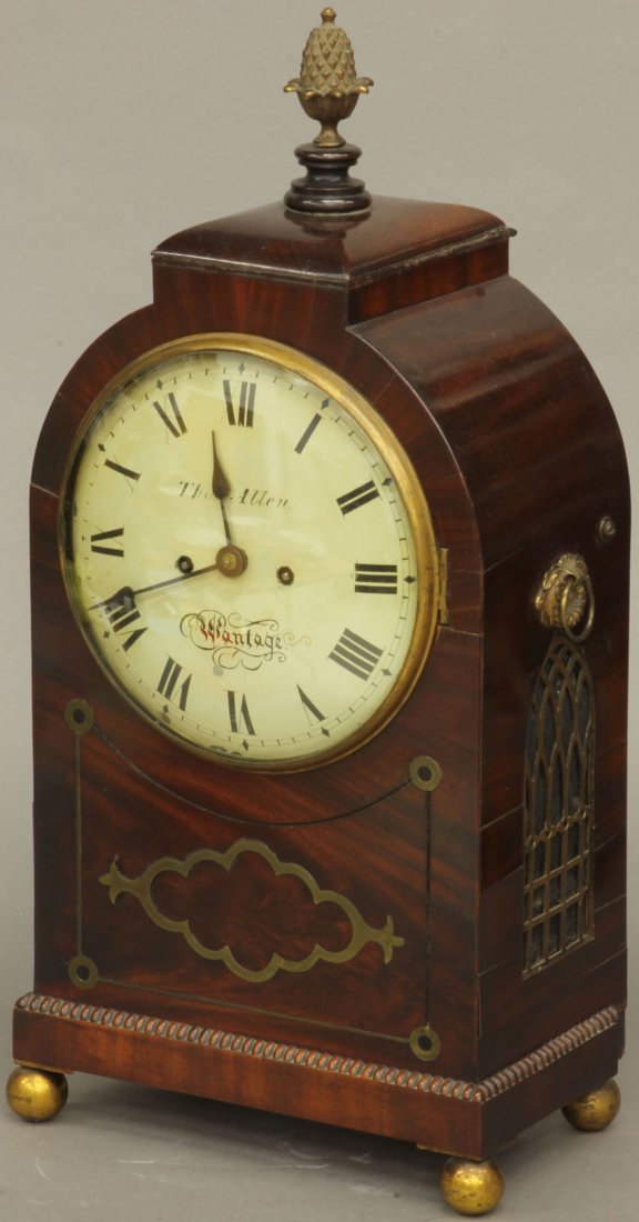 REGENCY MAHOGANY AND BRASS INLAID CLOCK signed Thomas A: REGENCY MAHOGANY AND BRASS INLAID CLOCK signed Thomas Allen circa early 19th century height- 21"
