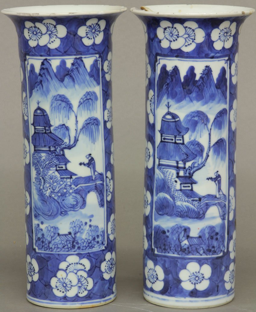 PAIR OF CHINESE BLUE AND WHITE PORCELAIN VASES note- da: PAIR OF CHINESE BLUE AND WHITE PORCELAIN VASES note- damage to one height- 9 1/2"