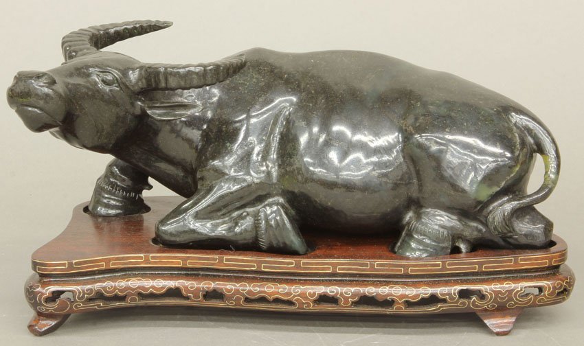 CHINESE CARVED HARDSTONE WATER BUFFALO with stand lengt: CHINESE CARVED HARDSTONE WATER BUFFALO with stand length- 11"