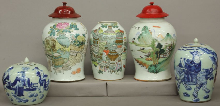LOT OF (5) CHINESE PORCELAIN STORAGE JARS height- 9"- 1: LOT OF (5) CHINESE PORCELAIN STORAGE JARS height- 9"- 15" note- cracks and repairs