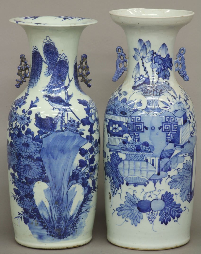 LOT OF (2) CHINESE BLUE AND WHITE PORCELAIN URNS height: LOT OF (2) CHINESE BLUE AND WHITE PORCELAIN URNS height- 22" note- hairline crack