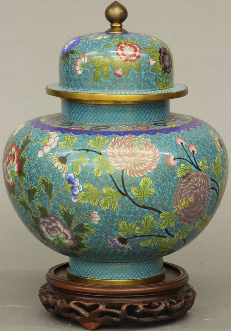 CHINESE CLOISONNE COVERED VESSEL with stand height of v: CHINESE CLOISONNE COVERED VESSEL with stand height of vessel- 10"