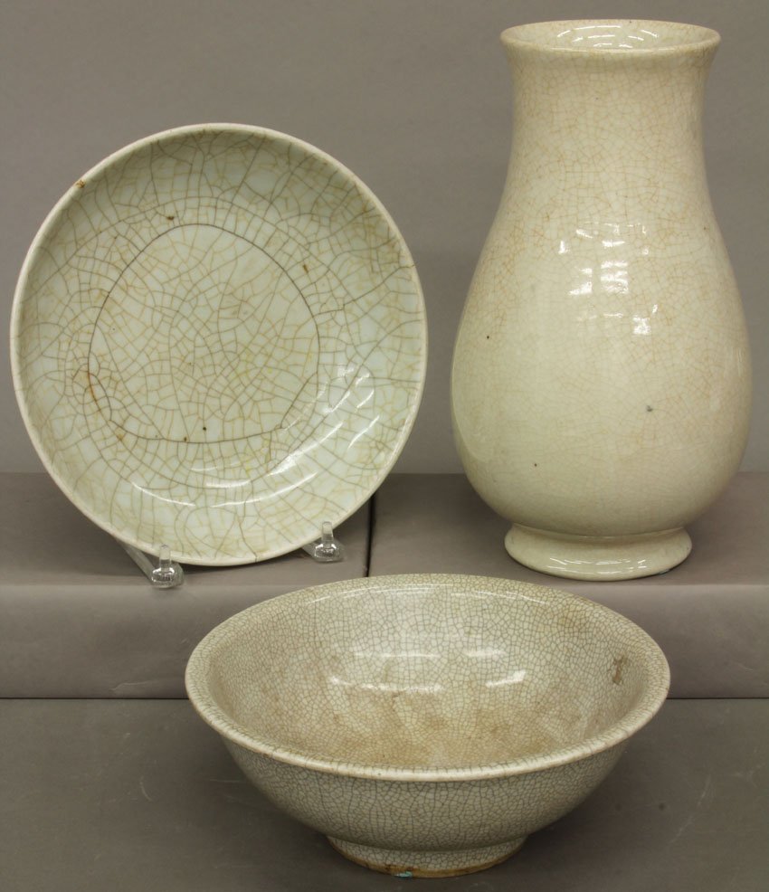 LOT OF (3) CHINESE CRACKLED WARE PORCELAIN ITEMS Low bo: LOT OF (3) CHINESE CRACKLED WARE PORCELAIN ITEMS Low bowls, vase diameter of bowls- 10 1/4"- 10 1/2" height of vase- 12 1/2" note- low bowl repaired
