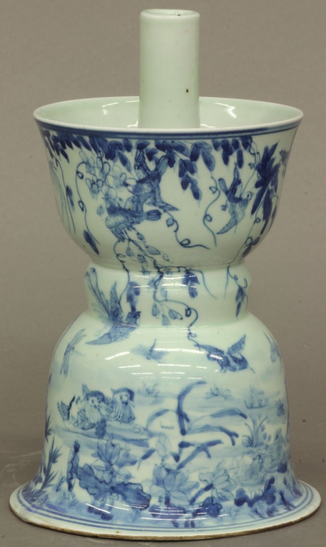 CHINESE BLUE AND WHITE CANDLESTAND height- 12": CHINESE BLUE AND WHITE CANDLESTAND height- 12" note- repair