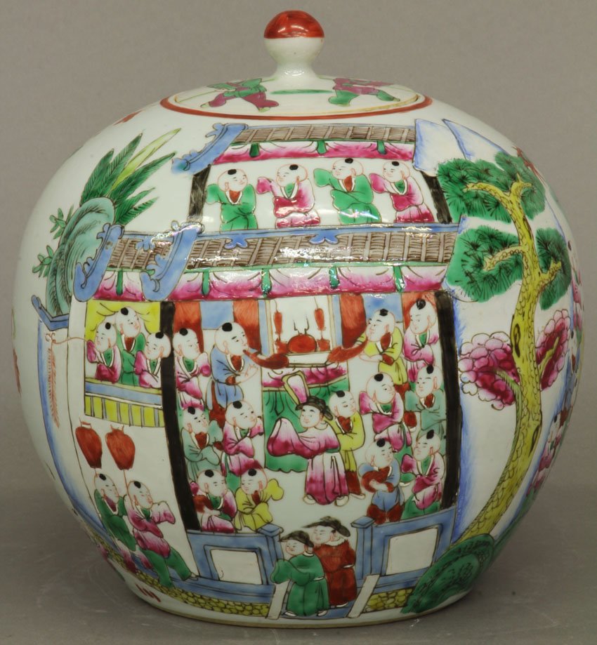 CHINESE PORCELAIN PAINTED GINGER JAR circa early 20th c: CHINESE PORCELAIN PAINTED GINGER JAR circa early 20th century height- 7 1/2"