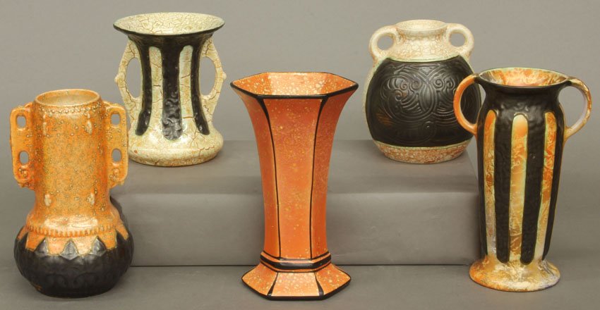 LOT OF (5) CZECH ART POTTERY VASES circa 1930's height-: LOT OF (5) CZECH ART POTTERY VASES circa 1930's height- 5 1/4"- 8"
