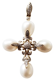 LADYS 14KT DIAMOND & PEARL CROSS