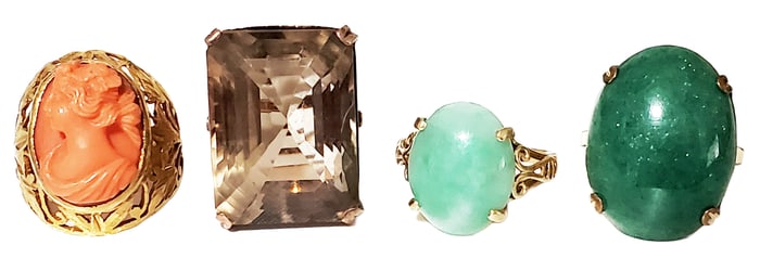 LOT OF (4) 14KT RINGS- CORAL, JADE, TOPAZ