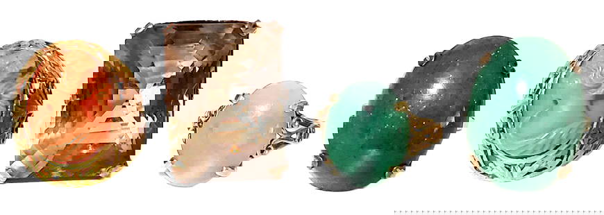 LOT OF (4) 10KT-18KT RINGS- CORAL, JADE, TOPAZ: Weight- 40.9 grams Ring size- 5, 6, 7(2) 14KT(1) 10KT(1) 18KTShipping U.S. $25 plus insurance