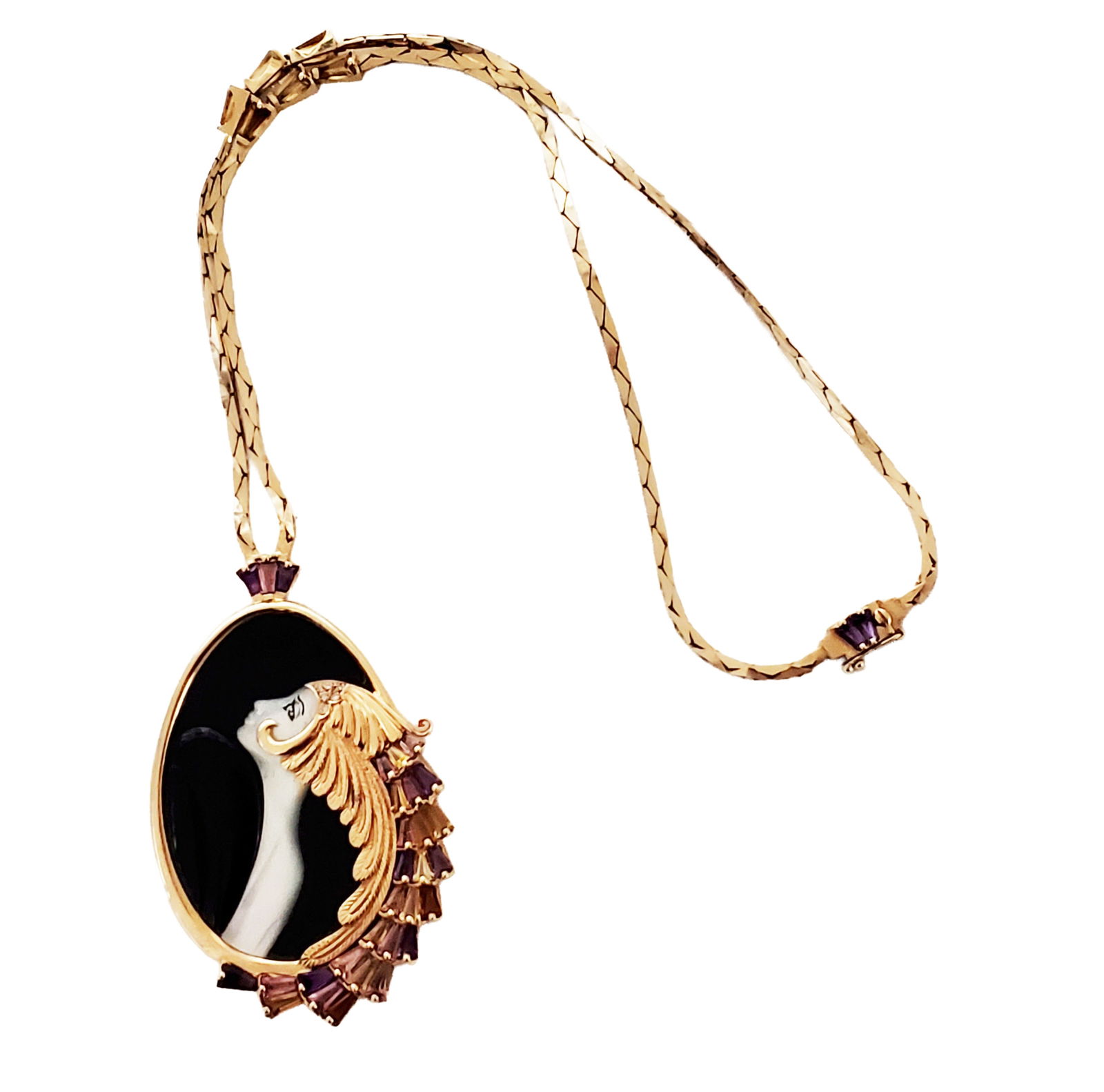 ERTE SIGNED 14KT PENDANT Y.G. NECKLACE W/ AMTHEYST: Weight- 42 grams Shipping U.S. $30 plus insurance