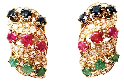 LADYS 14KT SAPPHIRE, RUBY & DIAMOND EARRINGS