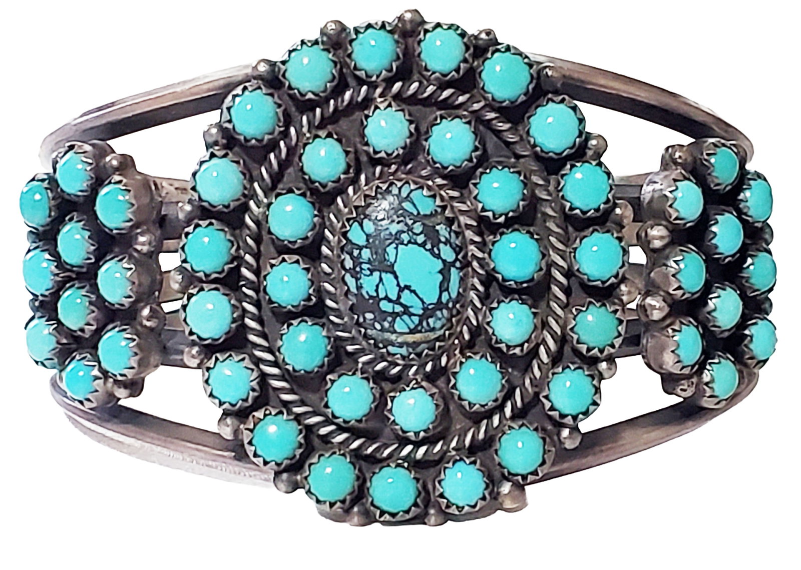 NATIVE AMERICAN SILVER TURQUOISE CUFF: Weight- 57.3 grams Inner measurement- 2 1/4" Shipping U.S. $20 plus insurance