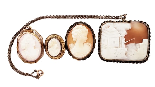 LOT OF (4) VINTAGE CAMEOS, ONE SET IN 10KT