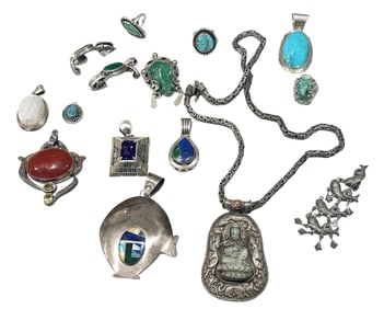 LOT OF (14) SILVER JEWELRY-NECKLACES, PENDANTS