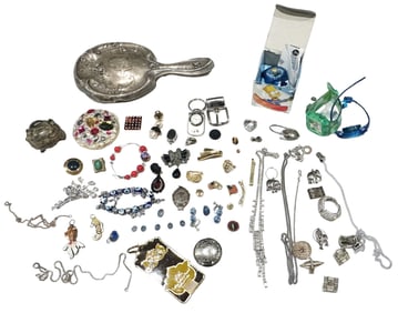 LOT OF COSTUME JEWELRY, STERLING SILVER MIRROR