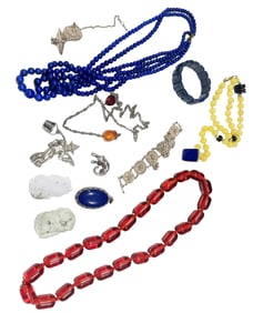 LOT OF (13) PCS. OF JEWELRY-AMBER, SILVER PINS