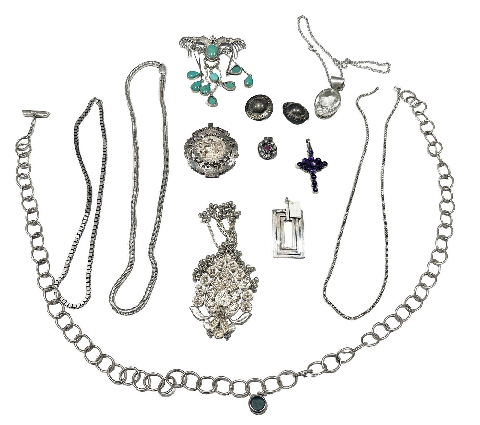 LOT OF (12) STERLING SILVER JEWELRY: Necklaces, pendants Weight- 396 grams Shipping U.S. $40 plus insurance