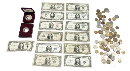 LOT OF AMERICAN CURRENCY, FOREIGN COINS, SILVER